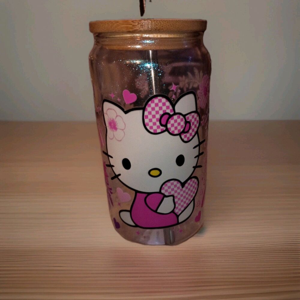 Hello Kitty 16 Oz Glass Cup, With Metal Or Glass Straw,& 4 Item Goodie Bag.